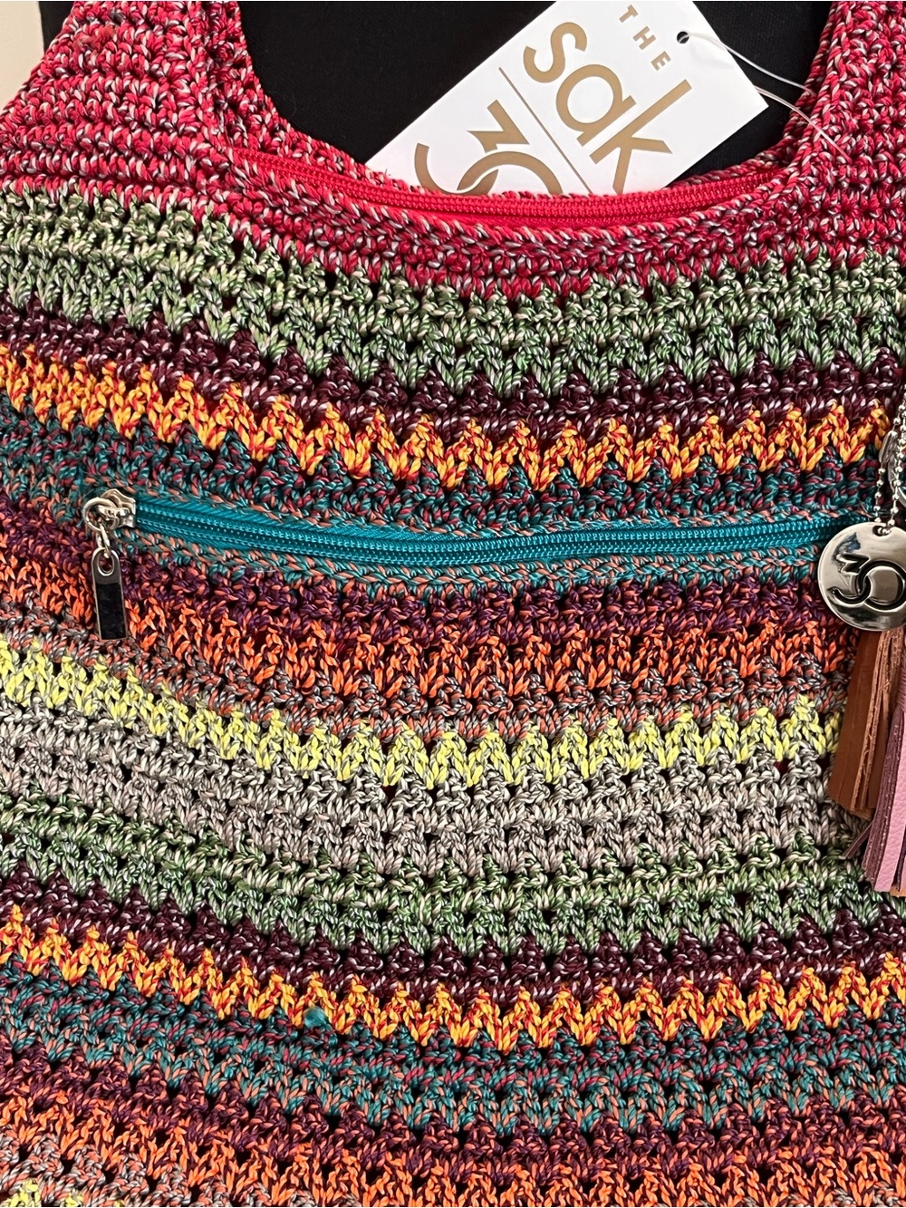The Sak Gypsy Crocheted Vivid Multistripe Tote Charms Boho Hippie Festival NWT - Picture 6 of 14